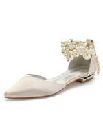 Champagner Hochzeitsschuhe Satin Pointed Toe Pearls Flache Brautschuhe