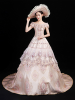 Champagner Retro Kostüme Damen Blumendruck Rüschen Schleifen Marie Antoinette Kostüm Polyester Set Kleid Hut Retro Party Ballkleid