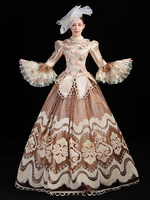 Champagnerfarbenes Retro-Kostüm für Damen bestickte Rüschen Polyester-Set Hut Kleid Retro-Marie-Antoinette-Kostüm Maskenballkleid