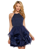 Charmant mit Heimkehrkleid Kurzer Neckholder Ärmellos Rückenfreies Rüschen Tiefblaues Partykleid