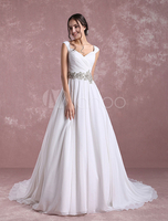 Chiffon Brautkleid Elfenbein Schatz Brautkleid Perlen Schärpe gefaltet eine Linie Brautkleid mit Kathedrale Zug