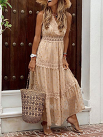 Chiffon Maxikleider Aprikose V-Ausschnitt Ärmelloses Polka Dot bodenlanges Kleid