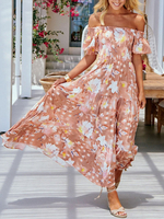 Chiffon Maxikleider Frauen Off-The-Shoulder Kurzarm Kurzes Kleid mit Blumendruck und Plissee