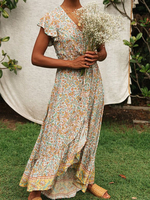 Chiffon Maxikleider Kurzarm Bedrucktes Sommerkleid mit V-Ausschnitt