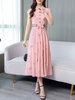 Chiffon Maxikleider Kurzarm Kleid mit Blumendruck Turndown Collar Shirt Kleid