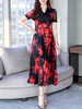 Chiffon Maxikleider Kurzarm Roter Blumendruck V-Ausschnitt Bodenlanges Kleid