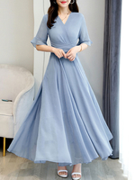 Chiffon Maxikleider Kurzarm Swingkleid mit V-Ausschnitt