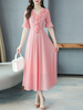 Chiffon Maxikleider Kurzarm V-Ausschnitt Rüschen Langes Kleid