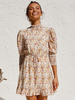 Chiffon Skater Kleider Blumendruck Gelb Stehkragen Halbarm Rüschen Kurzes Kleid
