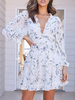 Chiffon Sommerkleid Ditsy Floral V-Ausschnitt Weiß Langarmkleid