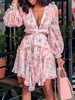 Chiffon Sommerkleid V-Ausschnitt Blumendruck Ausschnitt Taille Langarm Kurzes Strandkleid