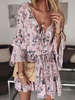 Chiffon Sommerkleid V-Ausschnitt Blumendruck Rüschen Kurzes Strandkleid