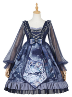 Chinese Style Lolita OP-Kleid Einhorn Bögen Dark Navy mit langen Ärmeln Lolita One Piece Kleider