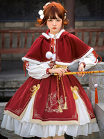 Chinesische Art Lolita 2-teiliges Set Rote Schnür Pom Poms Schleifen Langarm Umhang Kleid Outfit