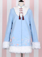 Chinesischen Stil Lolita Mäntel Hellhimmelblau Fransen Bestickter Synthetikmantel Winter Lolita Outwears