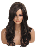 Chocolate Perücken 2021 Damen Highlighting Lang Curly Synthetic Perücken Mit Side Swept Bangs