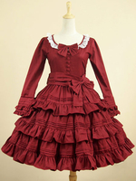 Classic Lolita Kleid OP Burgund Runde Hals Langarm geschichteten ein Stück Kleid mit Schleife