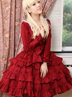 Classic Lolita Kleid rot Lolita Kleid OP Baumwolle Langarm Rüschen Tiered Lolita einteiliges Kleid