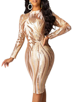 Club Kleid für Frauen Aprikose Juwel Hals Pailletten Langarm Polyester Color Block Sexy Kleid