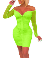 Club Kleid für Frauen Bateau Neck Sexy Plissee Langarm Polyester Baumwolle Hellgrün Sexy Kleid