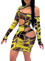 Club Kleid für Frauen Gelb Neckholder Ausschnitt Langarm Polyester Camouflage Sexy Kleid