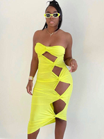 Club Kleid für Frauen Gelb trägerlos ausgeschnitten ärmellos Polyester offene Schulter Sexy Maxikleid
