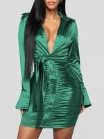 Club Kleid für Frauen Green Turndown Kragen Plissee Langarm Polyester Sexy Kleid