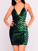 Club Kleid für Frauen Grüne Träger Hals Ausschnitt Ärmelloses Pailletten Rückenloses Meerjungfrau Sexy Kleid