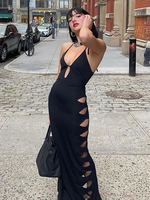 Club-Kleid für Frauen mit Trägern am Hals schickes ärmelloses Polyester schwarzes sexy Kleid