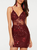 Club Kleid für Frauen Träger Neck Sexy Cut Out Sleeveless Pailletten Burgund Sexy Kleid