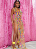 Club Kleid Gelb V-Ausschnitt Split Front Ärmellos Polyester Bedruckt Hoher Schlitz Sexy Bodycon Kleid