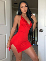 Club Kleid Neckholder Neck Split Front Ärmelloses Lycra Spandex Stretch Red Sexy Kleid