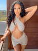 Club Kleid Neckholder Sexy Plissee Ärmelloses Polyester Rückenfreies Hellgrau Sexy Bodycon Kleid