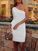 Club Kleid One Shoulder Sexy Plissee Langarm Polyester Asymmetrisches Weiß Sexy Kleid