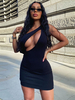 Club Kleid Schwarz One Shoulder Cut Out Ärmelloses Polyester Asymmetrisches Sexy Bodycon Kleid