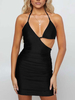 Club Kleid Schwarze Träger Hals Ausschnitt Ärmelloses Polyester Sexy Kleid