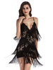 Club Kleid Schwarze Träger Hals Fransen Ärmelloses Polyester Layered Midi Sexy Cami Kleid