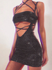 Club Kleid Träger Neck Sexy Lace Up Ärmelloses Polyester Polka Dot Layered Schwarz Sexy Kleid