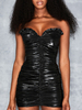 Club Kleid Trägerlos Sexy Plissee Ärmellos PU Leder Offene Schulter Schwarz Sexy Kleid