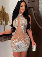 Clubkleid für Damen Aprikose hoher Kragen Pailletten ärmellos Tüll durchsichtig sexy Kleid