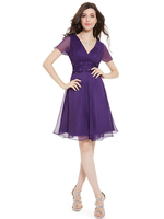 Cocktailkleid Chiffon Kurz Halbarm V-Ausschnitt und Falten Cutouts