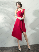 Cocktailkleider 2021 Burgundy asymmetrische Satin Hochzeit Gast Kleid