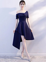 Cocktailkleider 2021 Dark Navy asymmetrisch aus der Schulter Satin kurz Party-Kleid