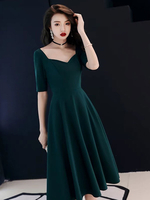 Cocktailkleider Dunkelgrüne halbe Hülse Queen Anne Hals A-Linie Tee Länge Hochzeitsgast Partykleid