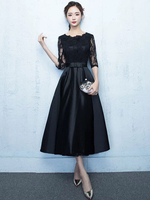 Cocktailkleider schwarzer Spitze Satin halbe Hülse Bögen Graduation Party Dress