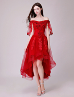 Cocktailkleider Spitze Applique aus der Schulter Burgund asymmetrisches Partykleid