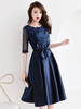 Cocktailkleider Spitze Satin halbe Hülse Bögen Tee Länge formelle Partykleid