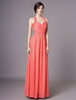 Coral Brautjungfer Kleider lange Chiffon Halfter plissiert rückenfreie Hochzeit Kleid