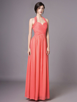 Coral Brautjungfer Kleider lange Chiffon Halfter plissiert rückenfreie Hochzeit Kleid