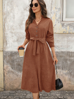 Cord Langarm Vintage Midi Hemdkleid mit Gürtel für Herbst 2025